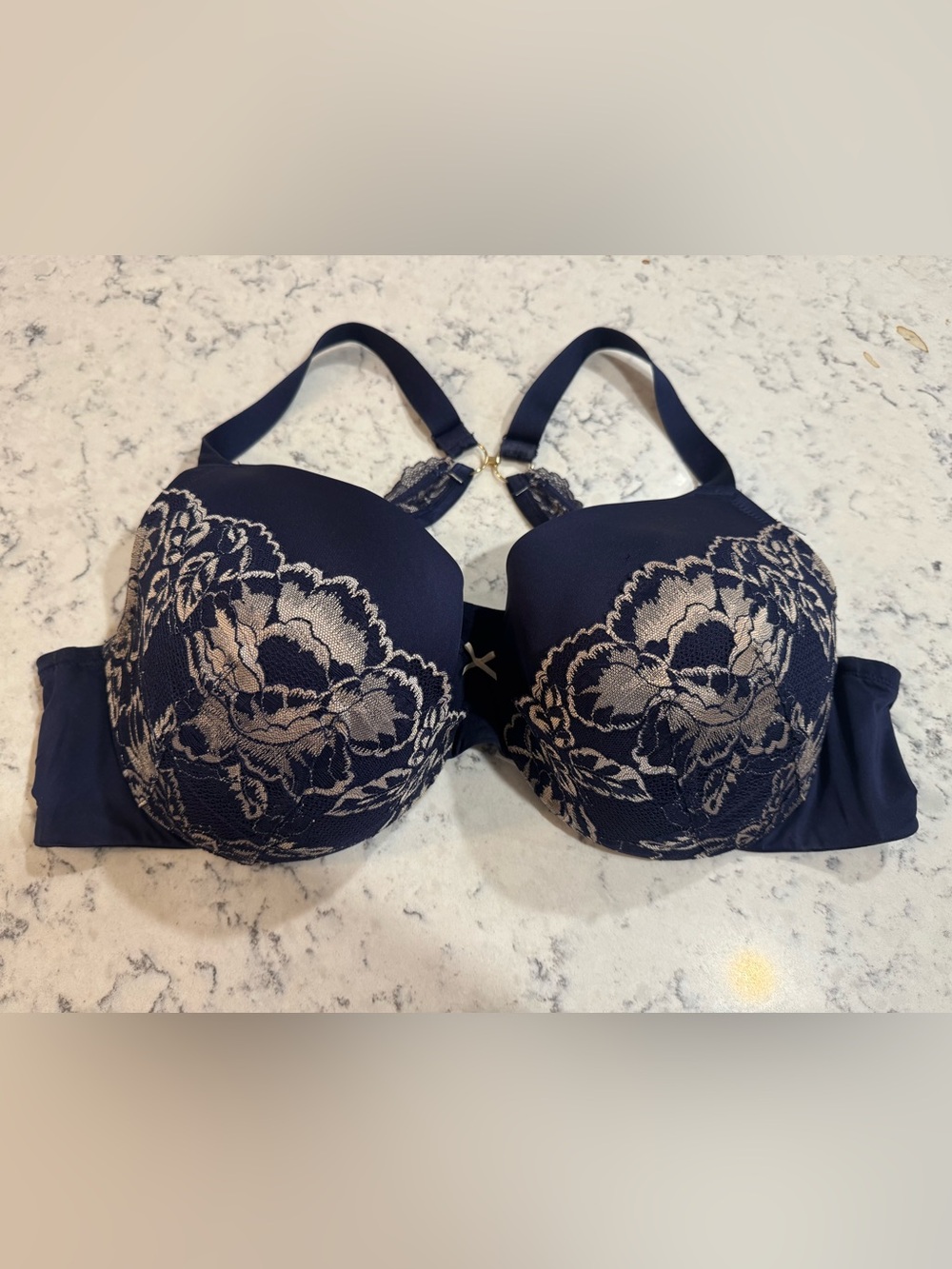 Cacique Full Coverage Navy bra. Lace overlay on cups. Padded, Underwire Size 46C